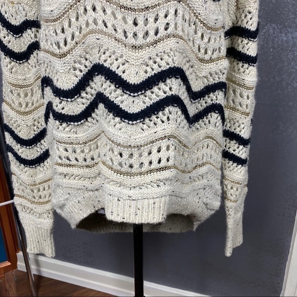 Chunky knit tan, black and metallic gold sweater. Retro striped. Long sleeve - Picture 5 of 12